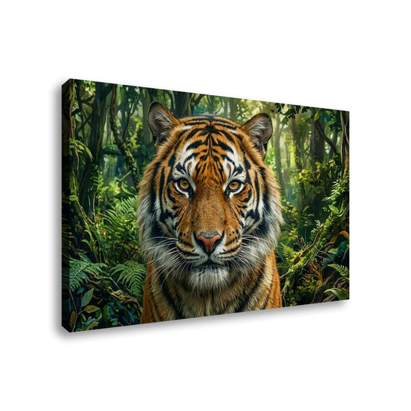 A rectangular canvas wall art print showing a close-up tiger face in a lush green jungle, photographed against a plain white background.