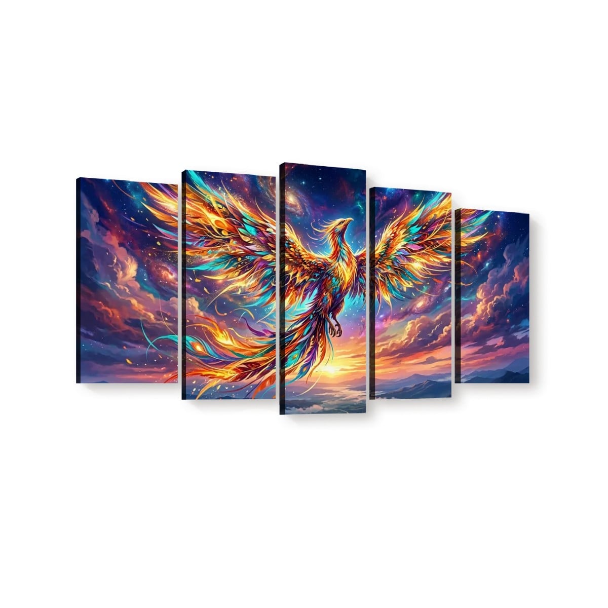 A five-panel canvas wall art set depicting a glowing phoenix with fiery orange, yellow, and blue wings against a dramatic purple and blue sky with clouds.