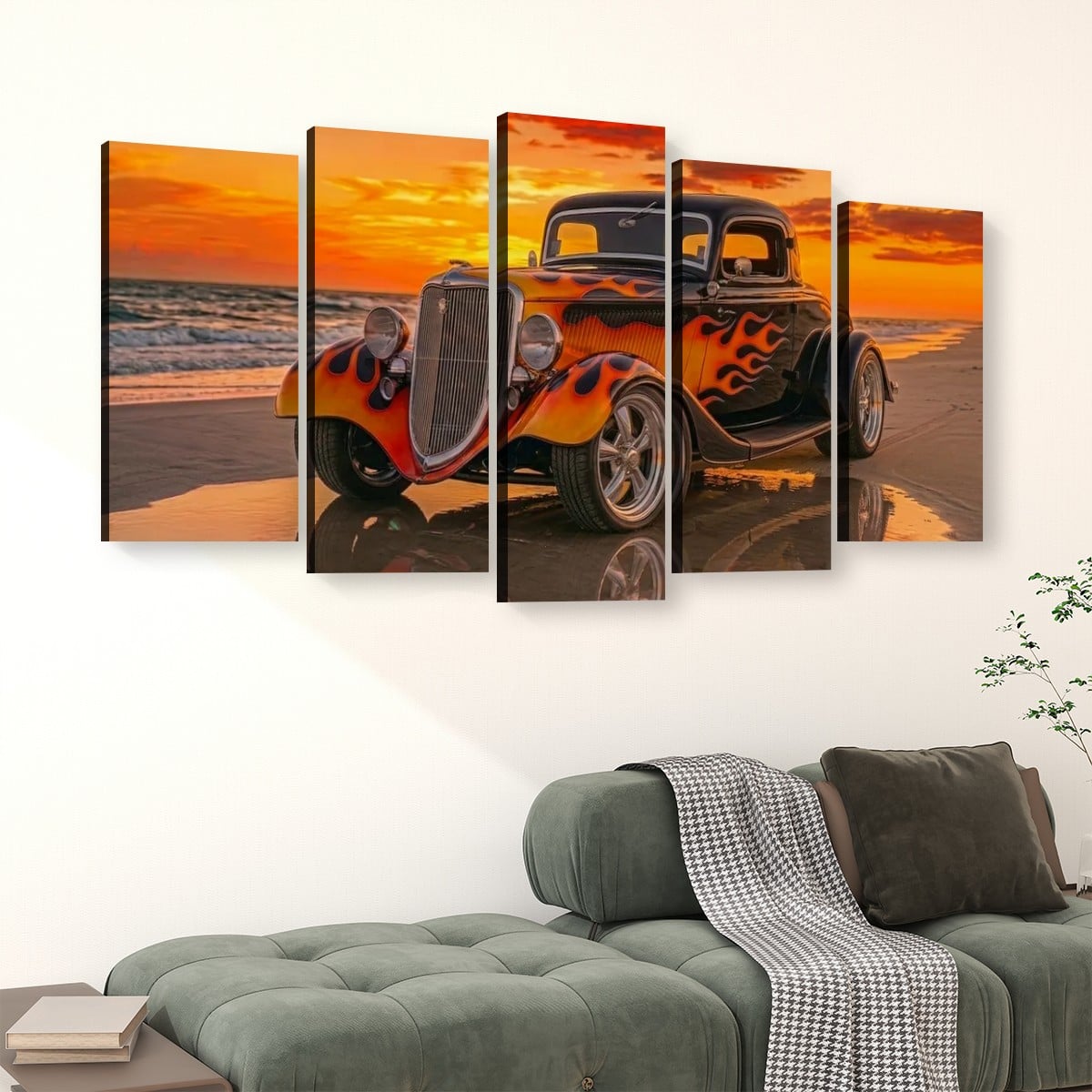 Black Ford Coupe with Flames Sunset Beach Canvas Wall Art
