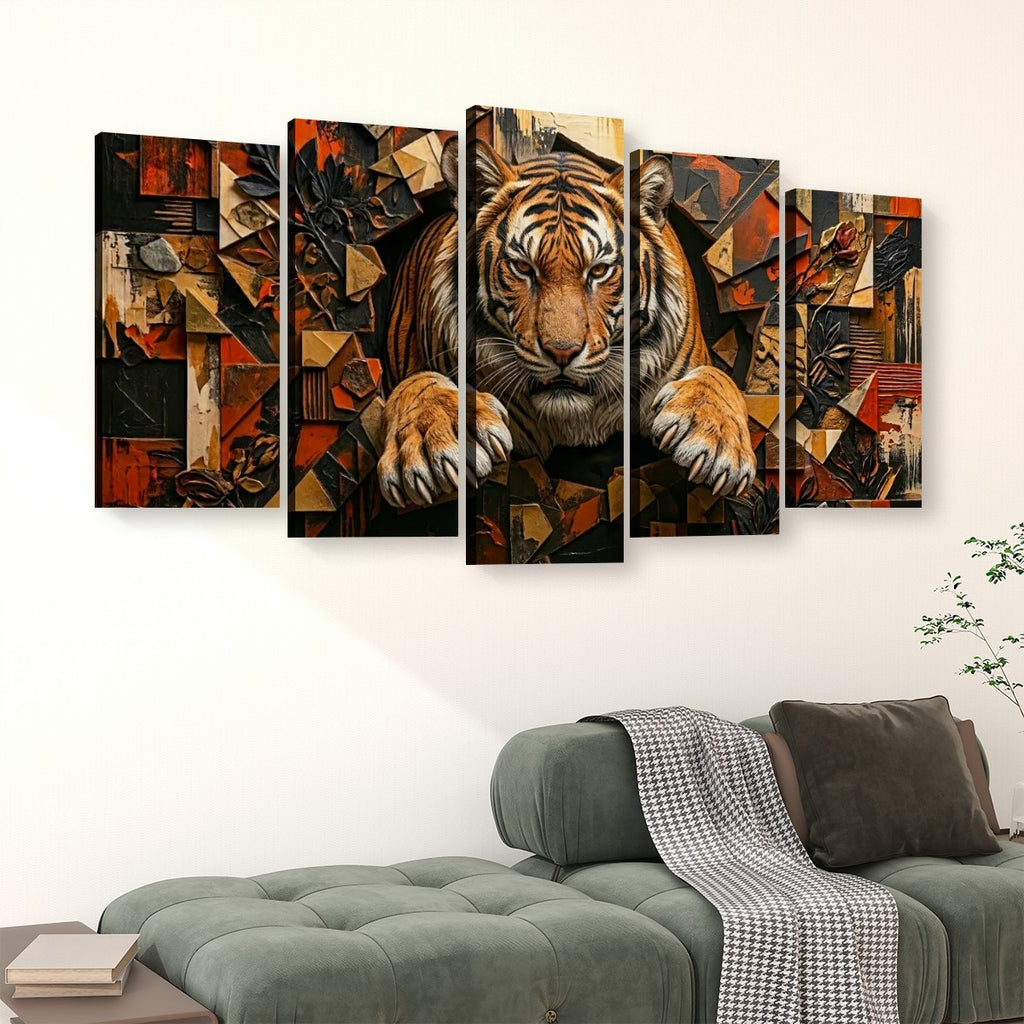 A five-panel canvas wall art set depicting a stylized tiger in an abstract geometric collage, displayed above a green sofa in a living room setting.