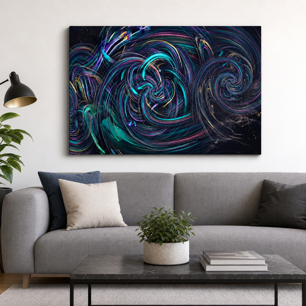 A large square canvas print featuring an abstract swirling pattern in vibrant teal, purple, blue, and pink on a black background, displayed on a white wall above a modern gray sofa in a living room setting.