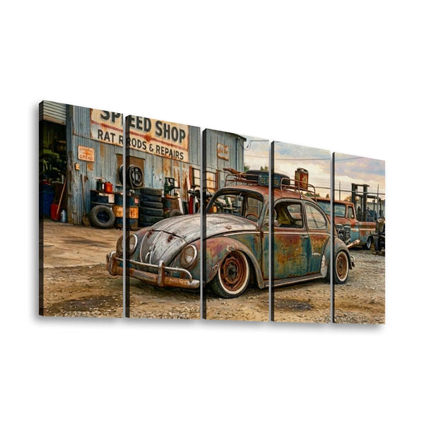 A multi-panel canvas wall art print depicting a weathered vintage Volkswagen Beetle parked outside a rustic speed shop and garage, shown against a plain white background.
