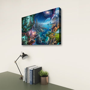 A rectangular wall art canvas showing a colorful fantasy landscape with glowing towers, water, and magical scenery, displayed on a light wall above a desk with books, a lamp, and a small plant.