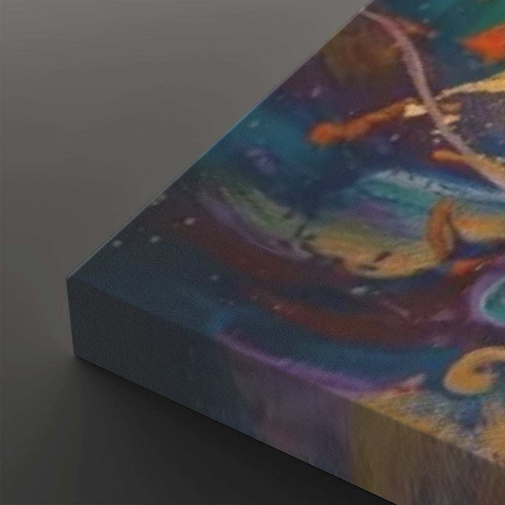 A close-up angled view of a canvas wall art print showing its wrapped edge and an abstract cosmic design with swirling blue, purple, orange, and yellow tones on a dark gray background.