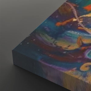 A close-up angled view of a canvas wall art print showing its wrapped edge and an abstract cosmic design with swirling blue, purple, orange, and yellow tones on a dark gray background.