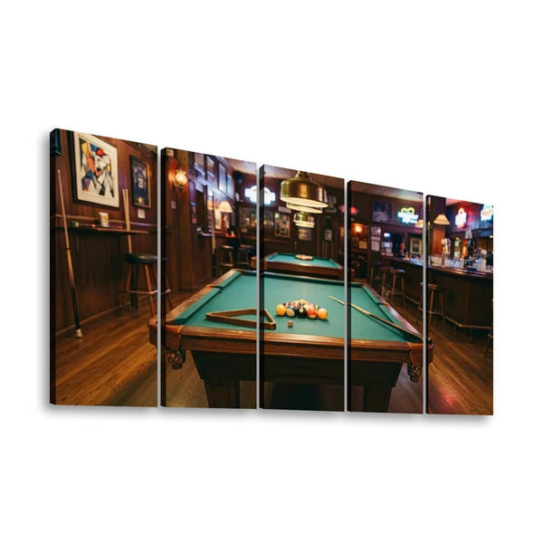 A five-panel canvas wall art print depicting a dimly lit bar interior with a green pool table in the foreground, shown against a plain white background.