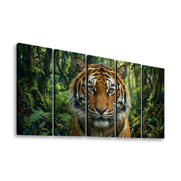 A five-panel canvas wall art set depicting a close-up tiger face surrounded by a lush green jungle, shown against a plain white background.