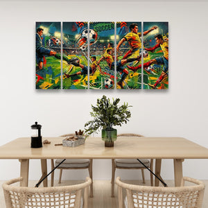 A 4-panel canvas wall art set depicting a vibrant, colorful soccer match scene, displayed on a white wall above a dining table with chairs and a vase.