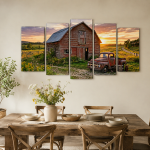 Ford F1 Pickup at Golden Hour — Rustic Bar & Sunset Canvas Wall Art