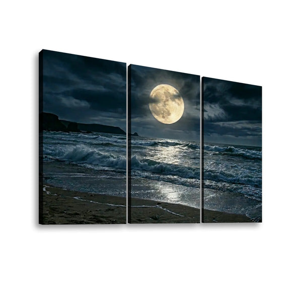 Gulf Moon Reflection Canvas Wall Art – Moonlit Beach Night Scene | 1, 3 & 5 Panel Coastal Print