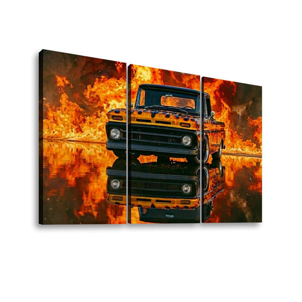 Flaming 1966 Chevy C10 Canvas Wall Art – Fire & Flames Classic Truck | 5-Panel Level Garage Décor Print