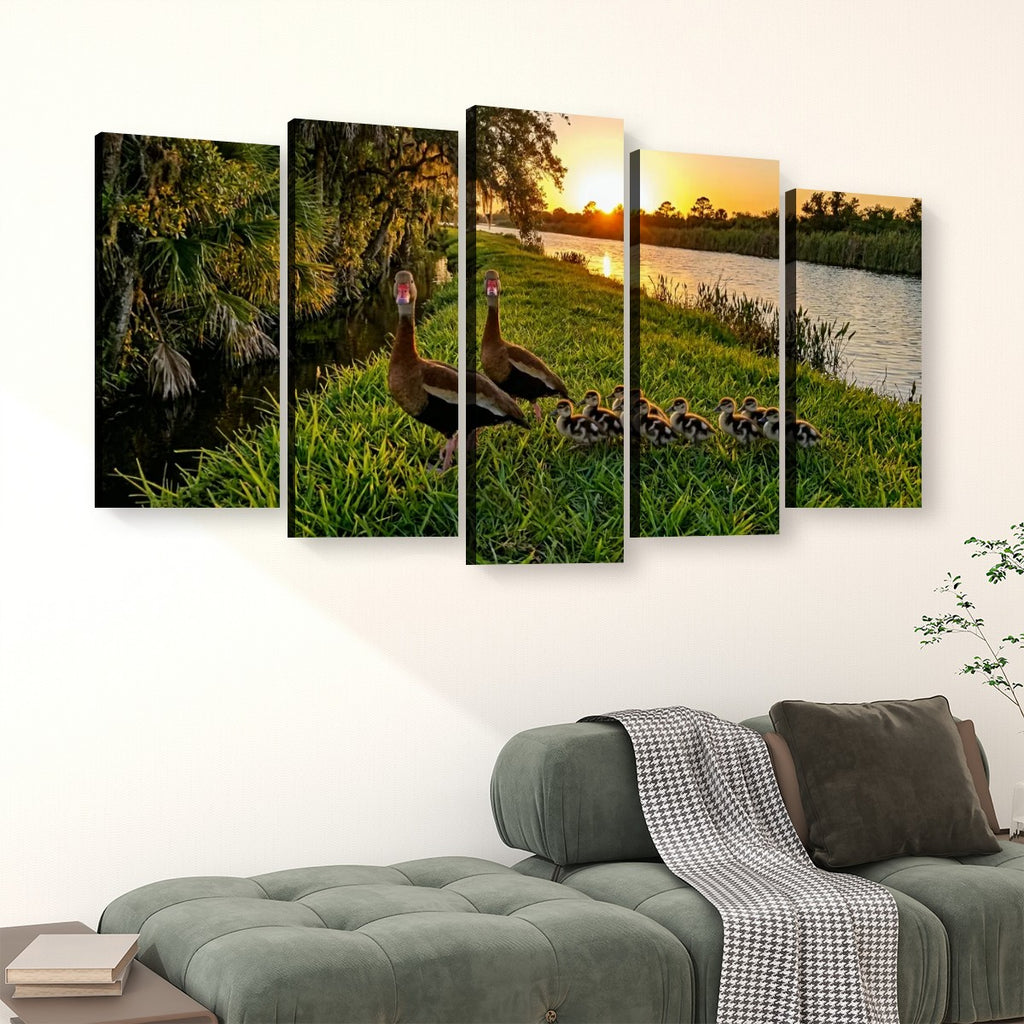A five-panel canvas wall art set depicting a family of Black-bellied Whistling-Ducks in a grassy marsh at sunset, displayed above a green sofa in a modern living room setting.