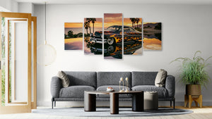 Living room with a gray sofa, coffee table, and wall art featuring a car and sunset.