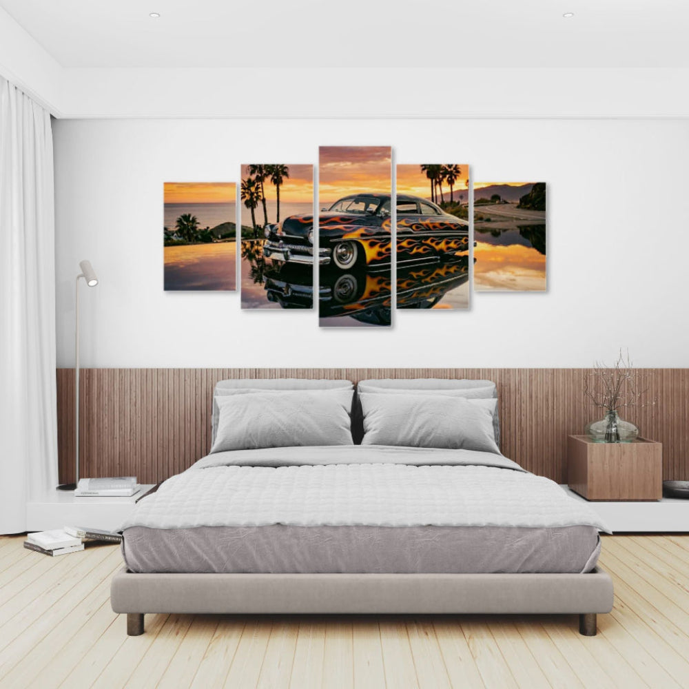 Bedroom with a large wall art piece featuring a 1951 Mercury Sled car and sunset landscape.