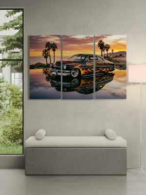 Multiframe artwork of a classic car with flames on a sunset beach scene, displayed in a modern interior setting.