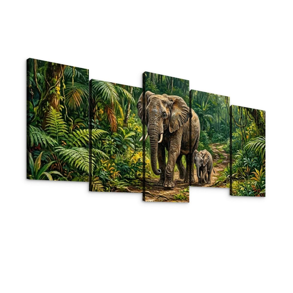Five-panel canvas wall art showing an elephant and a calf walking through a dense green jungle, displayed against a plain white background.