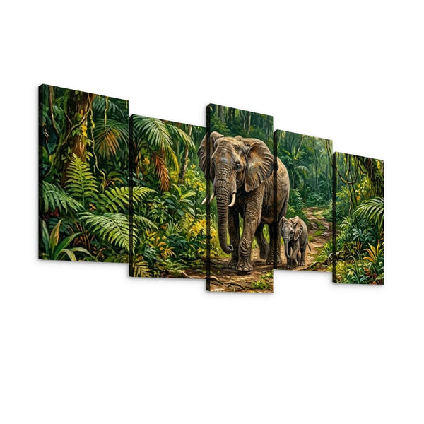 Five-panel canvas wall art showing an elephant and a calf walking through a dense green jungle, displayed against a plain white background.