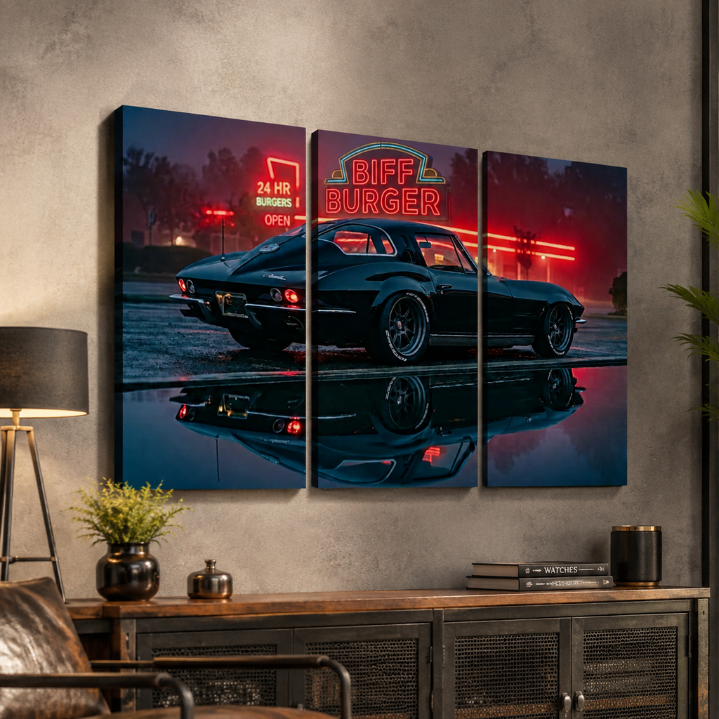 A three-panel canvas wall art set depicting a black 1963 Split Window Chevy Corvette at night with red neon restaurant signage and a reflective water surface, displayed above a console table in a modern room setting.