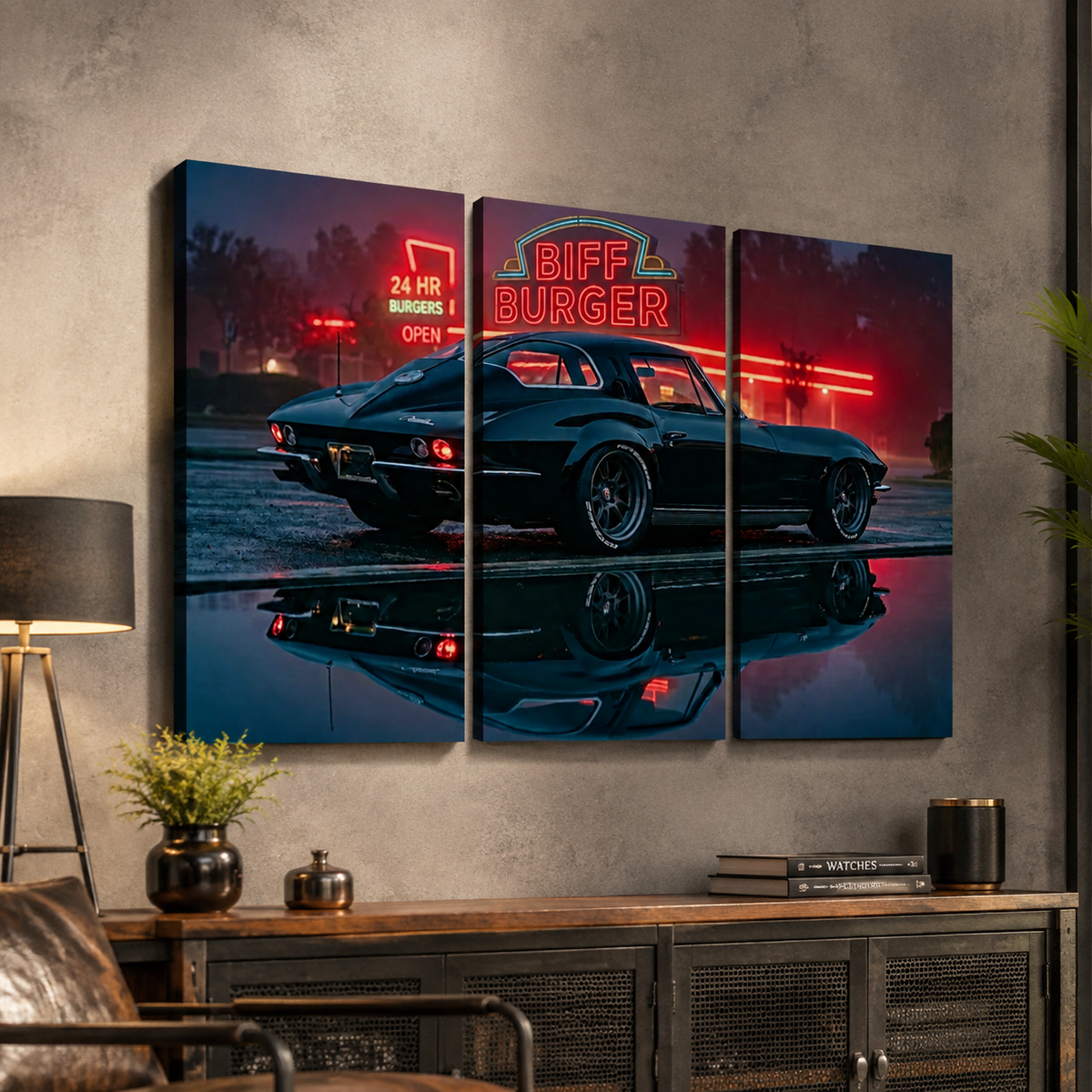 A three-panel canvas wall art set depicting a black 1963 Split Window Chevy Corvette at night with red neon restaurant signage and a reflective water surface, displayed above a console table in a modern room setting.