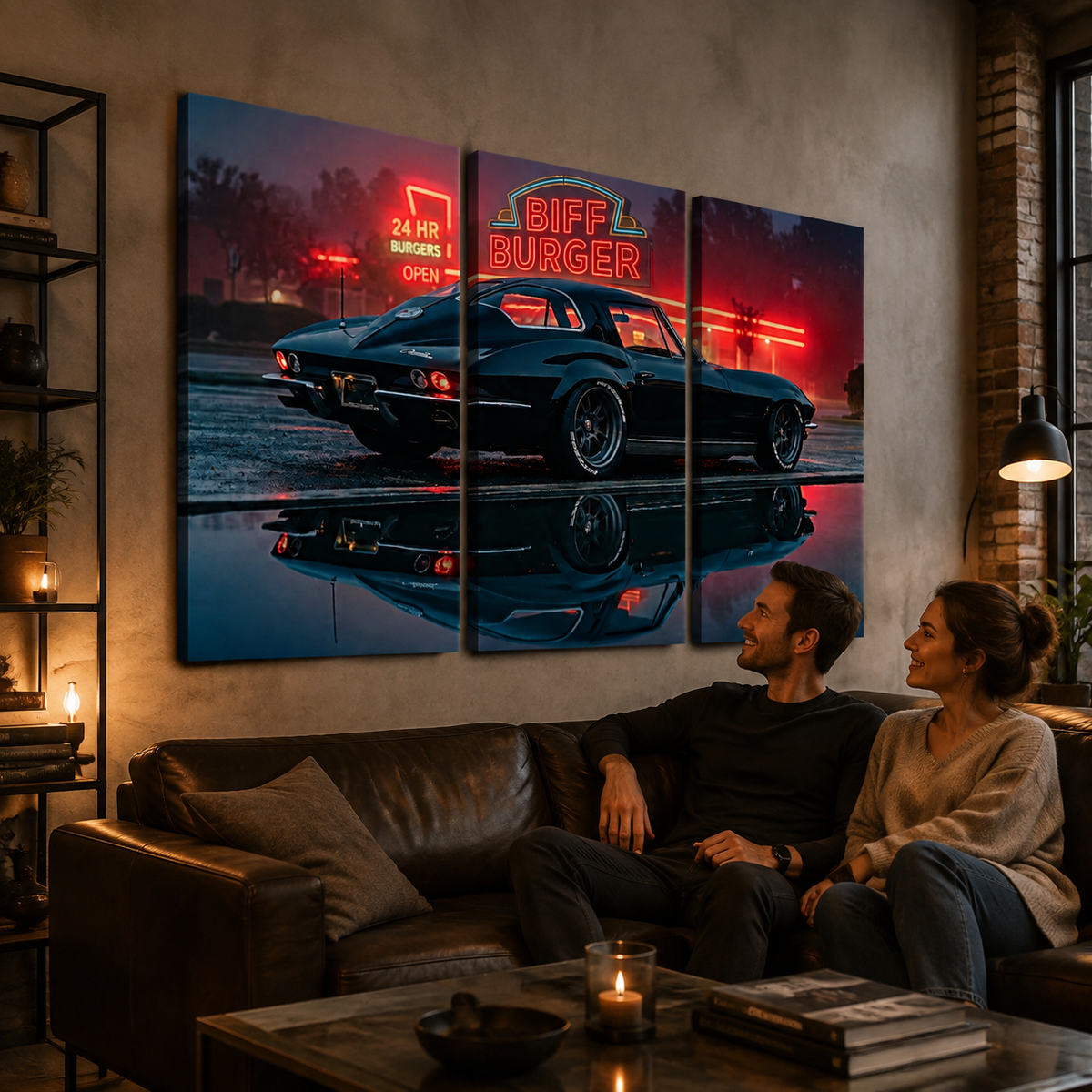 A three-panel canvas wall art set depicting a 1963 Split Window Chevy Corvette under a glowing red 'Biff Burger' neon sign, displayed on a wall above a couch with a couple watching it in a cozy living room.