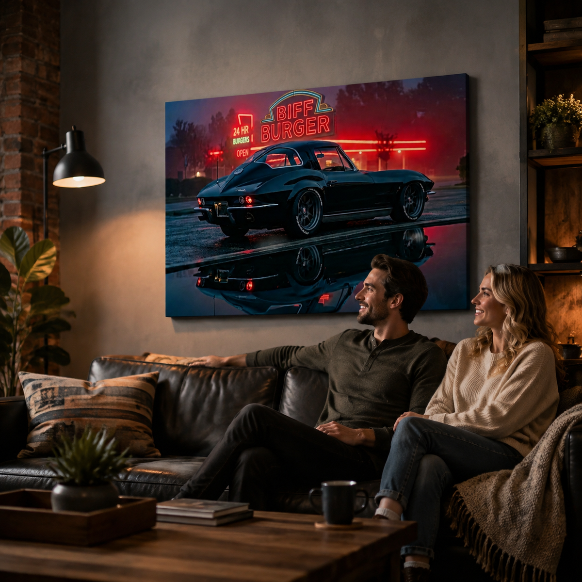 A large canvas wall art print depicting a black 1963 Split Window Chevy Corvette under a red neon sign at night, displayed on a gray wall in a cozy living room above a leather couch with a couple sitting and looking at the artwork.