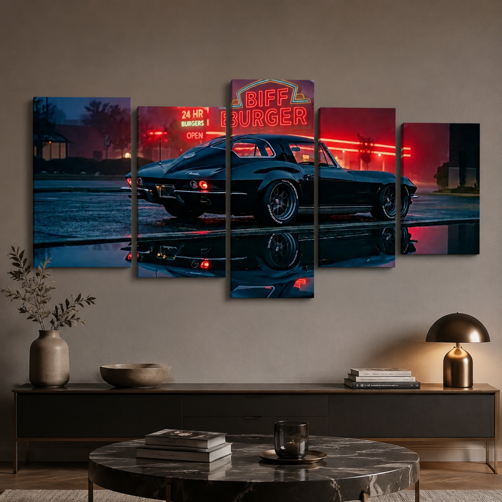A 5-panel canvas wall art set depicting a classic black 1963 Split Window Chevy Corvette at night with a glowing red 'Biff Burger' neon sign, displayed on a beige wall above a dark console table in a modern living room setting.