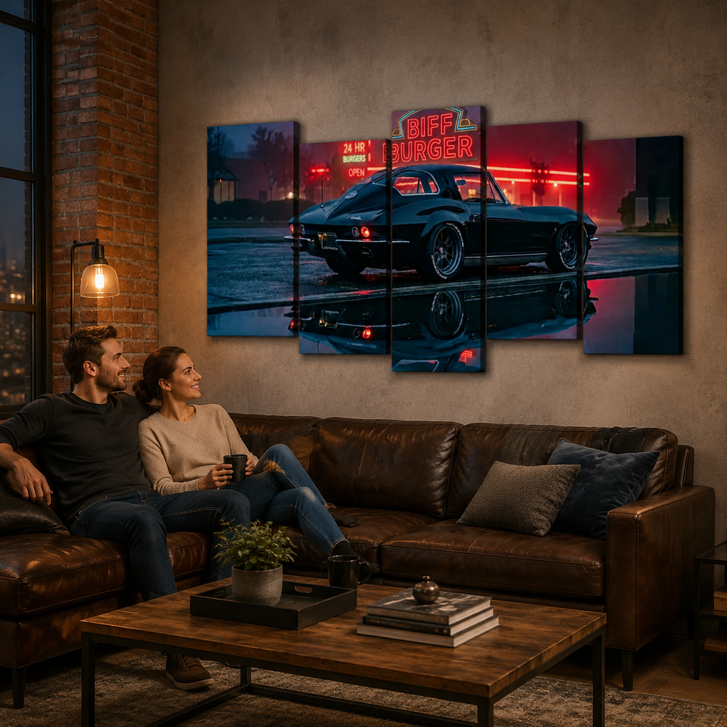 A 5-panel canvas wall art set depicting a black 1963 Split Window Chevy Corvette at night under a red neon 'Biff Burger' sign, displayed on a textured wall above a brown leather sofa in a modern living room setting.