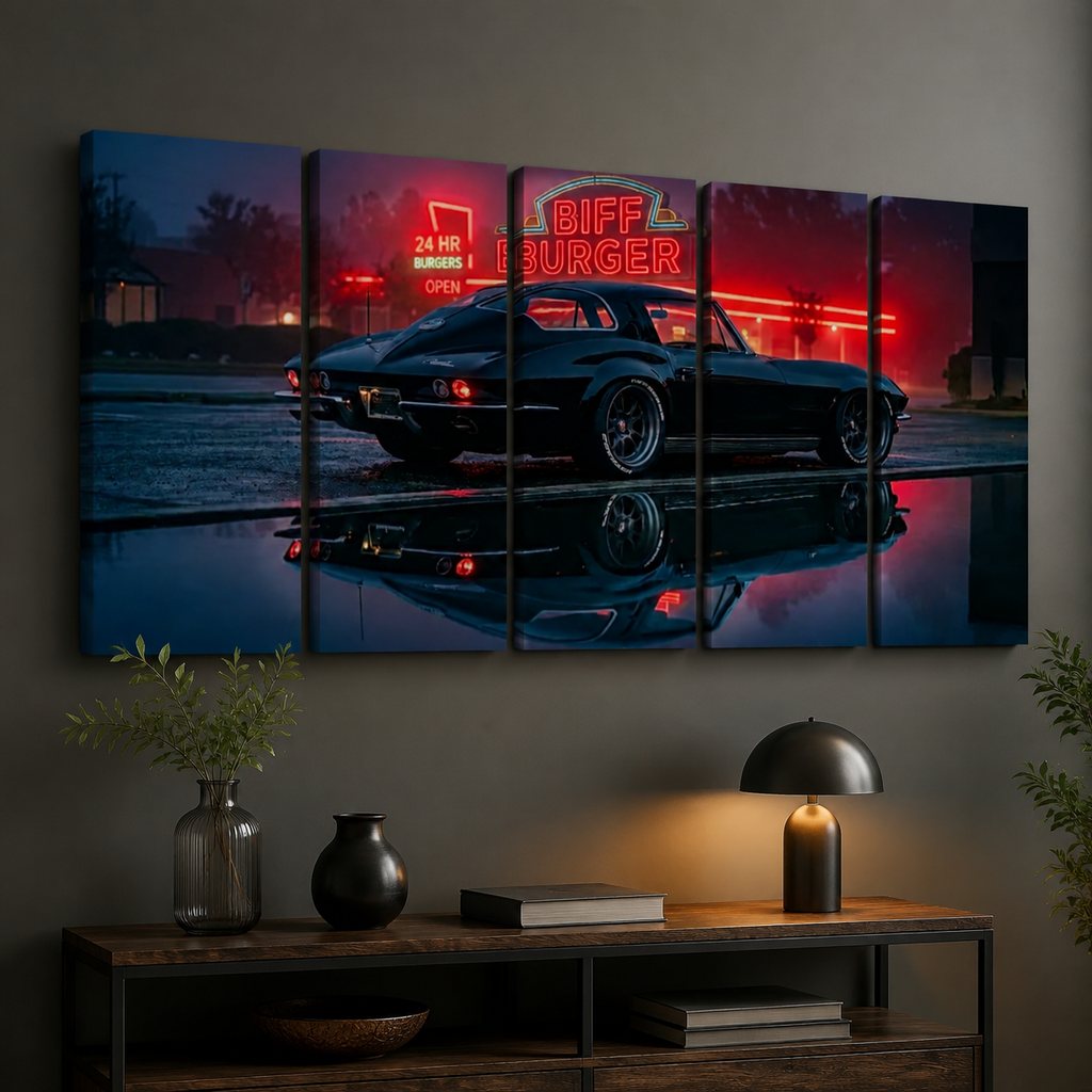 A 5-panel canvas wall art set depicting a black 1963 Split Window Chevy Corvette at night in front of a glowing red 'Biff Burger' neon sign, displayed on a dark gray wall above a wooden console table with a lamp and decorative vases.