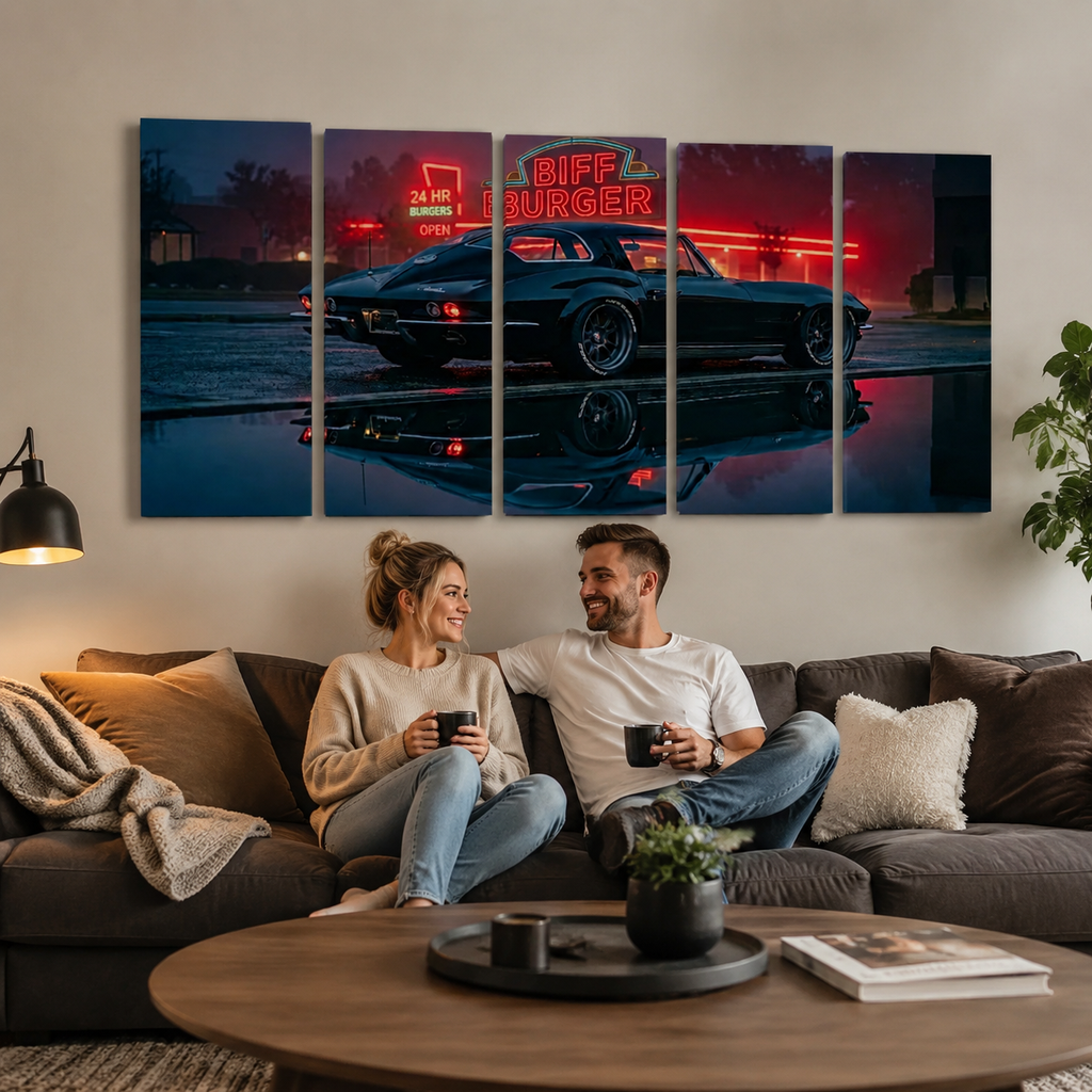 A five-panel canvas wall art set depicting a classic 1963 Split Window Chevy Corvette at night with a glowing red 'Biff Burger' neon sign, displayed above a couple sitting on a brown sofa in a modern living room.