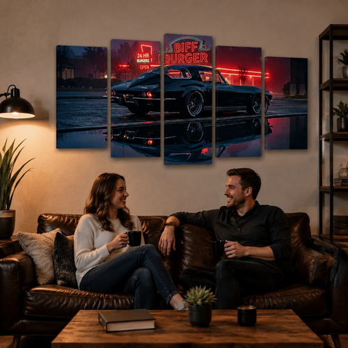 A 5-panel canvas wall art set depicting a classic black 1963 Split Window Chevy Corvette at night with neon 'Biff Burger' signage, displayed on a beige wall above a couple sitting on a brown leather couch in a cozy living room.