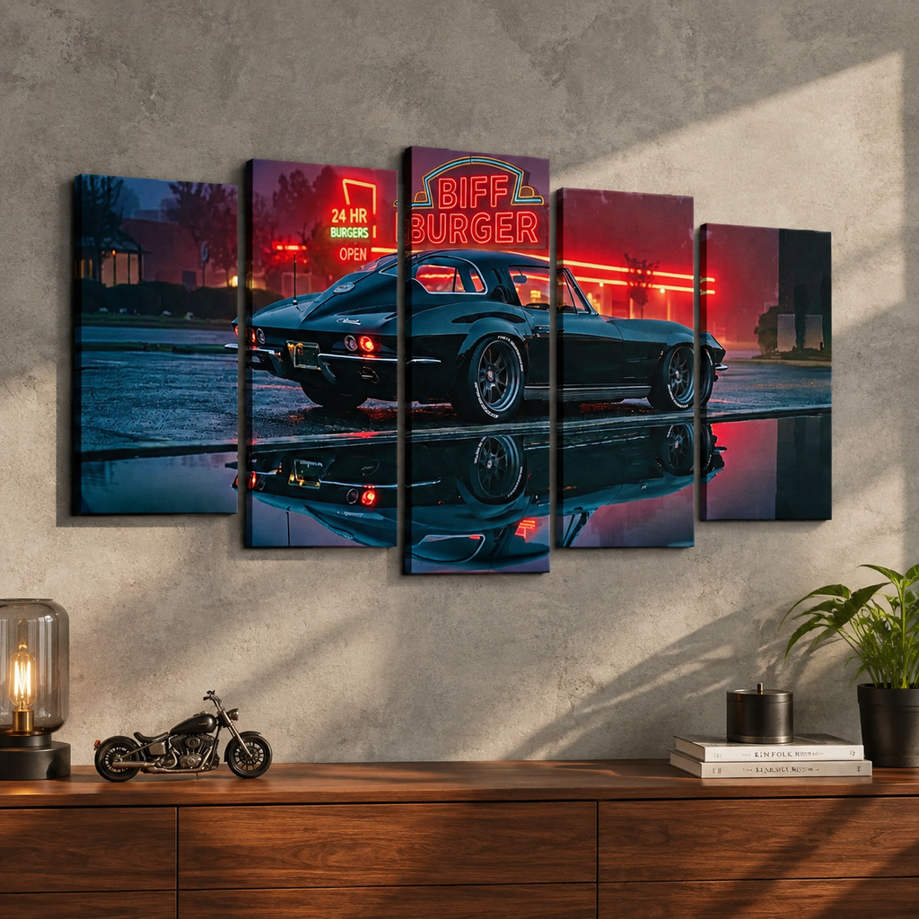A 5-panel canvas wall art set depicting a classic black 1963 Split Window Chevy Corvette at night with a glowing red 'Biff Burger' sign, displayed on a gray textured wall above a wooden console table with decorative items.