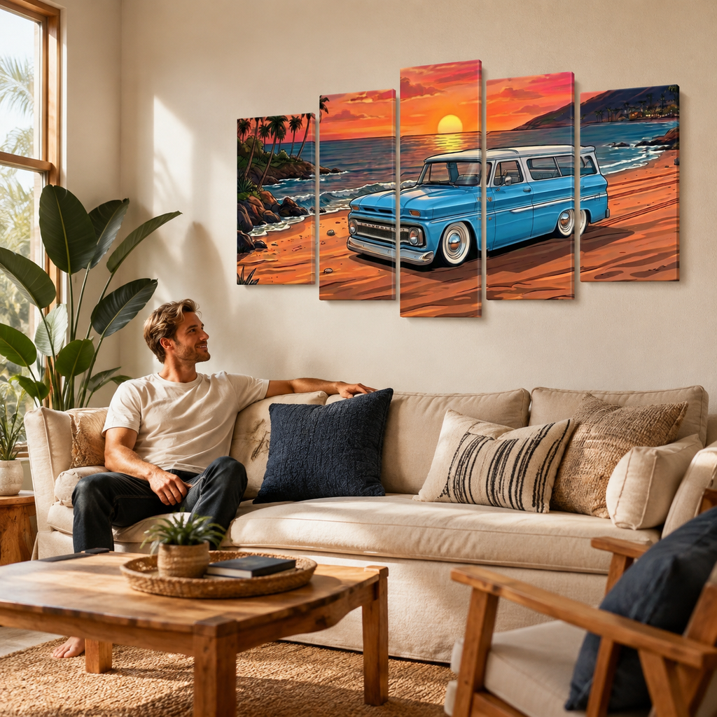 1966 Chevy Suburban Canvas Wall Art – Sunset Cruiser Beach Scene | 1, 3 & 5 Panel Classic Truck Print
