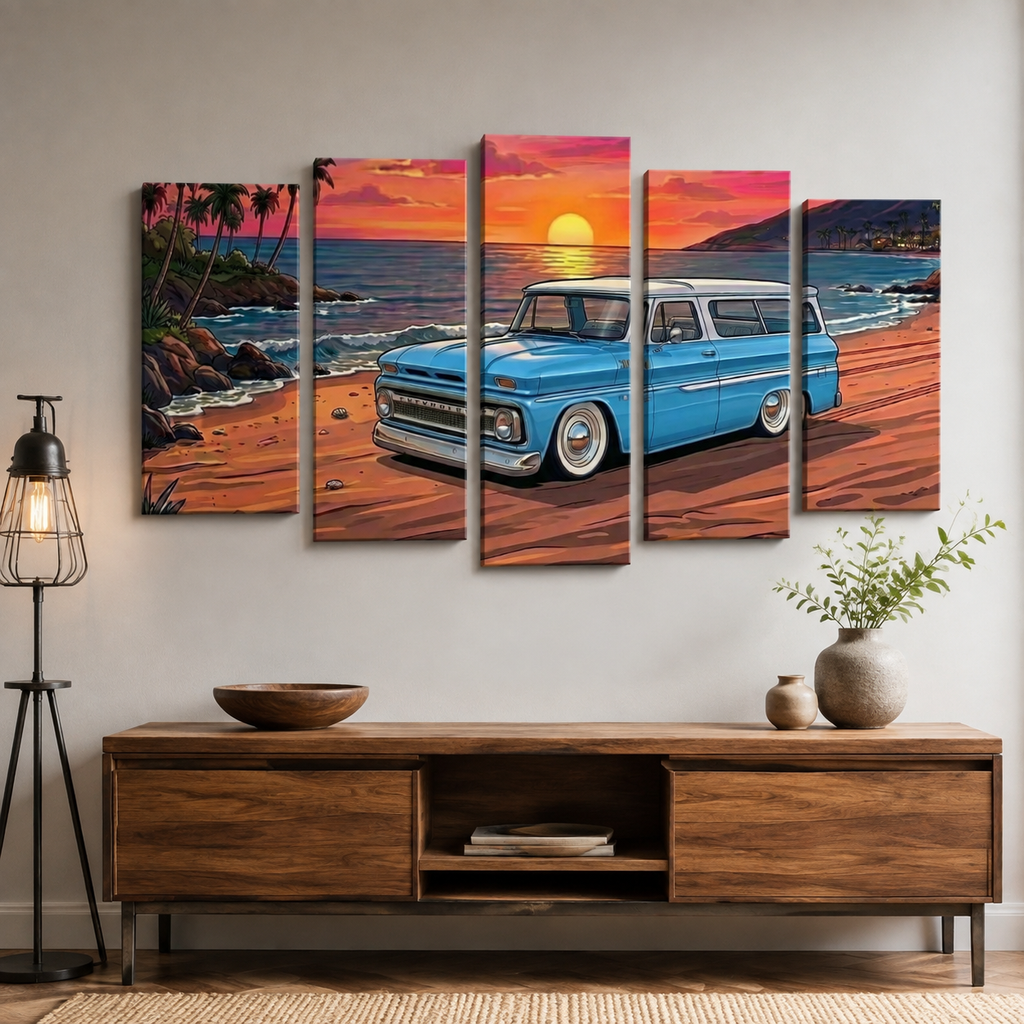 1966 Chevy Suburban Canvas Wall Art – Sunset Cruiser Beach Scene | 1, 3 & 5 Panel Classic Truck Print