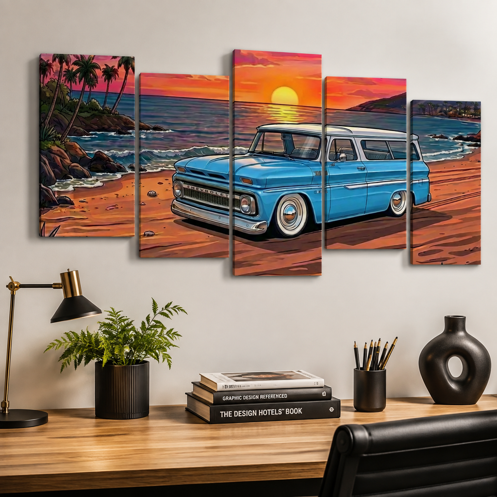 1966 Chevy Suburban Canvas Wall Art – Sunset Cruiser Beach Scene | 1, 3 & 5 Panel Classic Truck Print