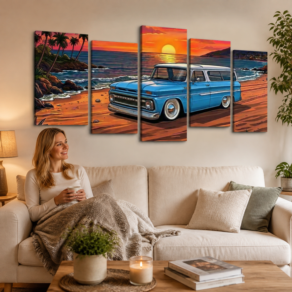 1966 Chevy Suburban Canvas Wall Art – Sunset Cruiser Beach Scene | 1, 3 & 5 Panel Classic Truck Print