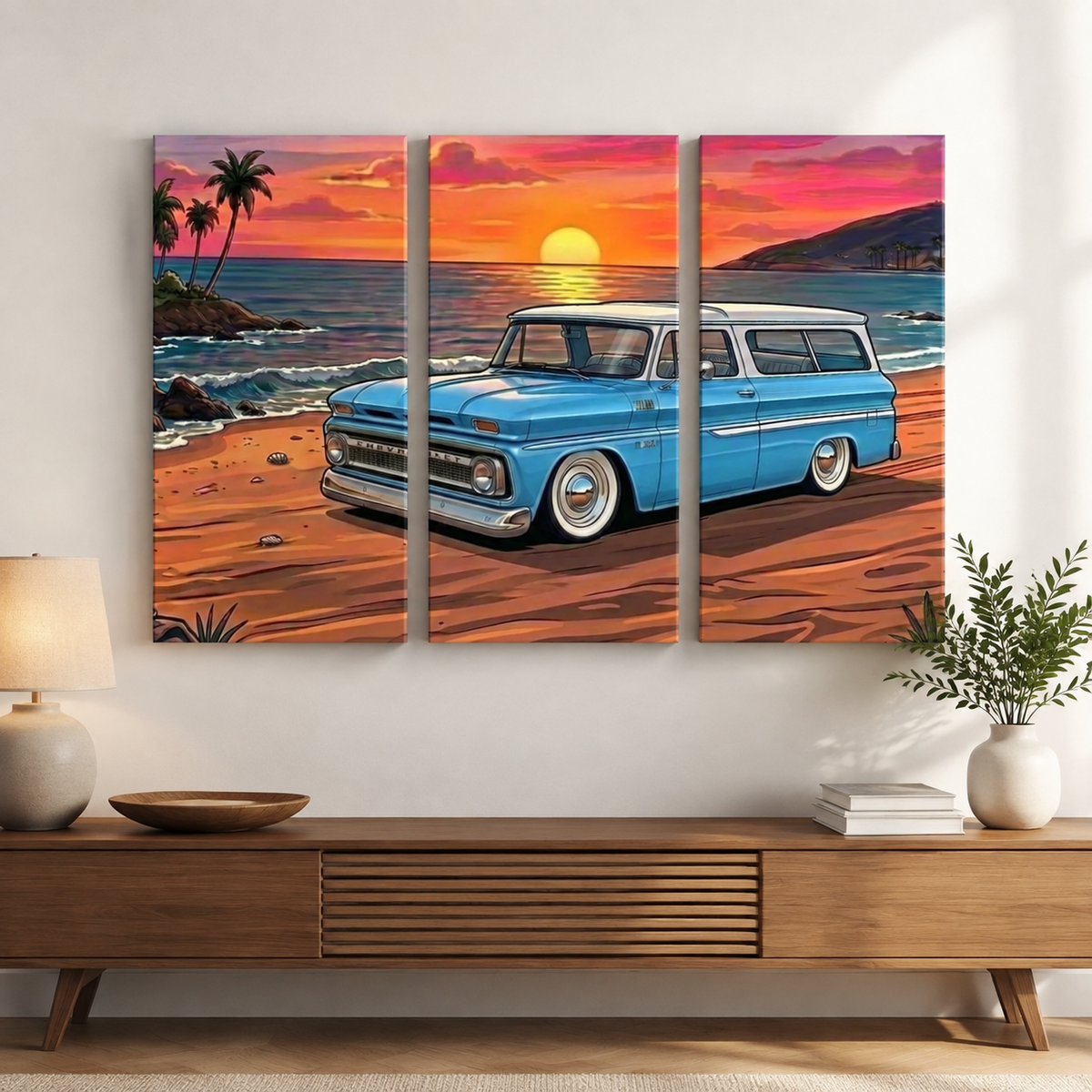 1966 Chevy Suburban Canvas Wall Art – Sunset Cruiser Beach Scene | 1, 3 & 5 Panel Classic Truck Print