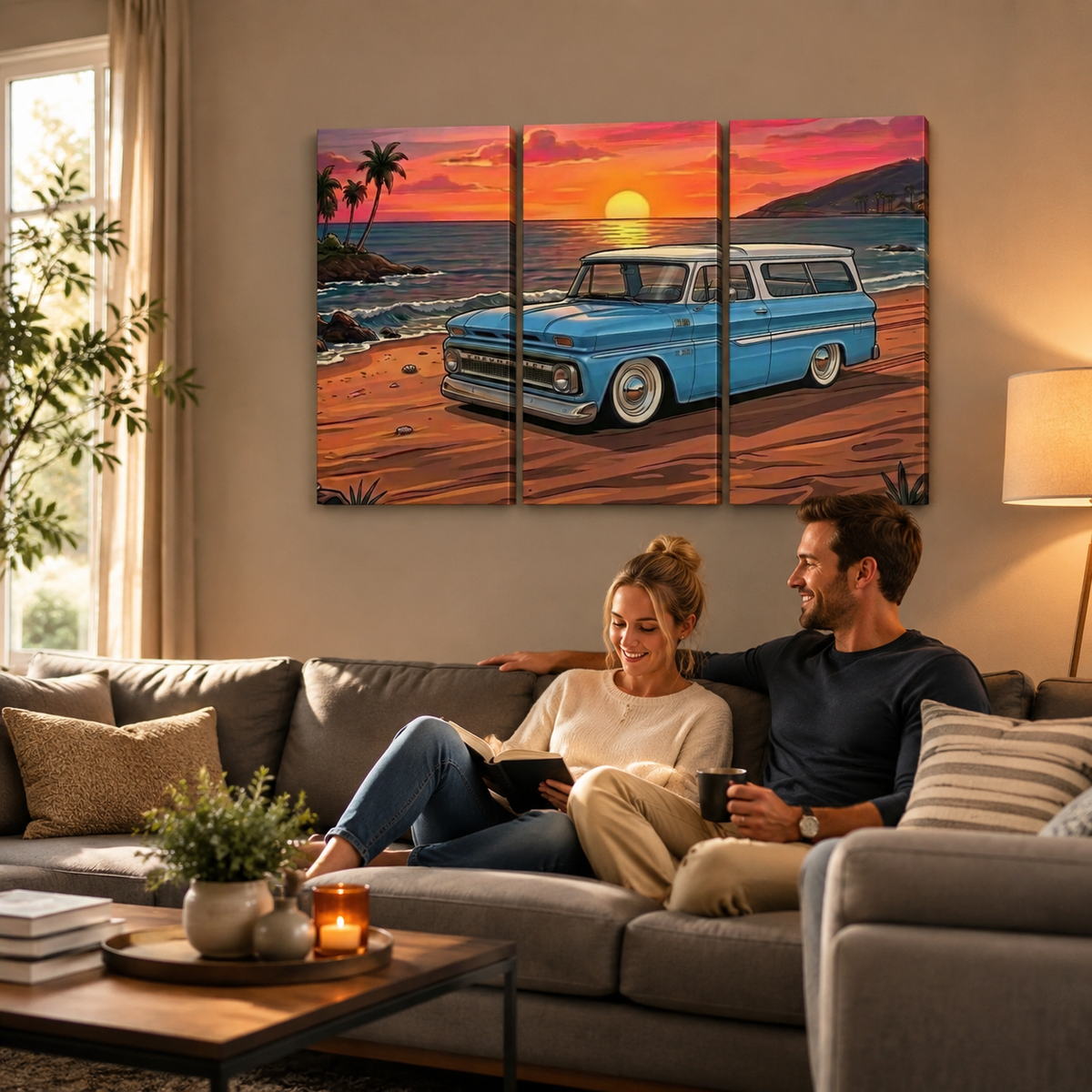 1966 Chevy Suburban Canvas Wall Art – Sunset Cruiser Beach Scene | 1, 3 & 5 Panel Classic Truck Print