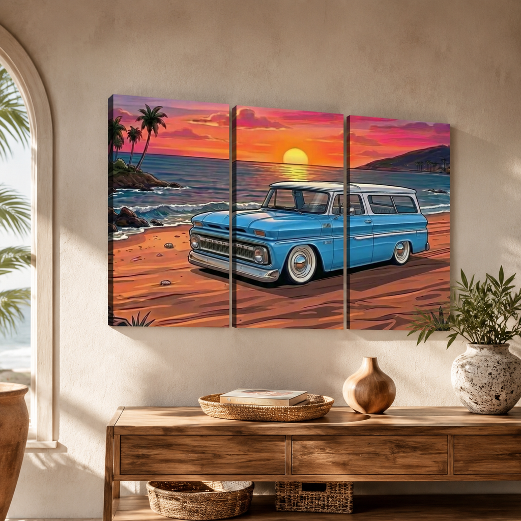 1966 Chevy Suburban Canvas Wall Art – Sunset Cruiser Beach Scene | 1, 3 & 5 Panel Classic Truck Print