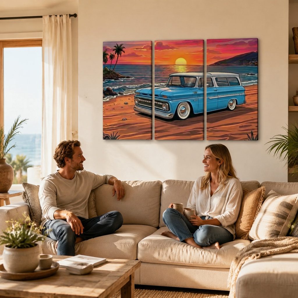 1966 Chevy Suburban Canvas Wall Art – Sunset Cruiser Beach Scene | 1, 3 & 5 Panel Classic Truck Print