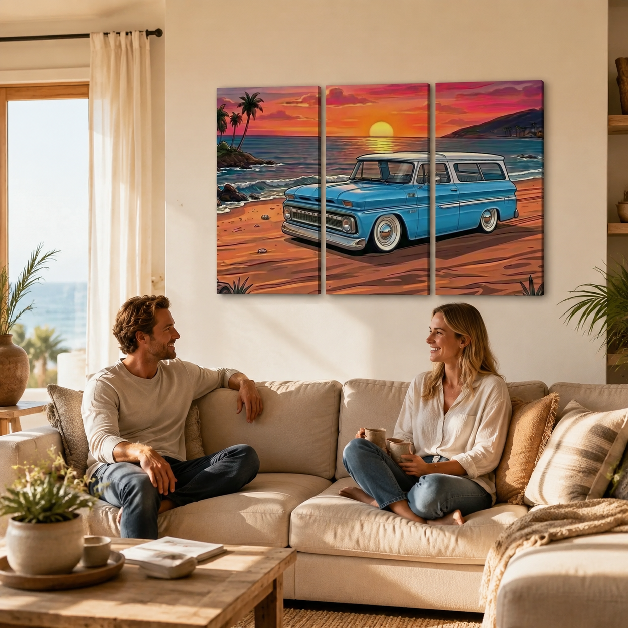 1966 Chevy Suburban Canvas Wall Art – Sunset Cruiser Beach Scene | 1, 3 & 5 Panel Classic Truck Print