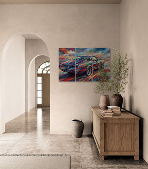 Colorful abstract painting of a 1967 Ford Mustang GT Fastback car on a wall in a modern interior setting.