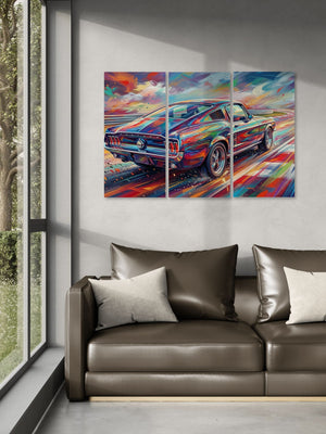 Colorful abstract painting of a 1967 Ford Mustang GT Fastback car on a wall above a brown leather sofa.