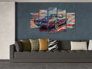 Colorful abstract 1967 Ford Mustang GT Fastback car painting on a wall above a gray sofa with patterned cushions.