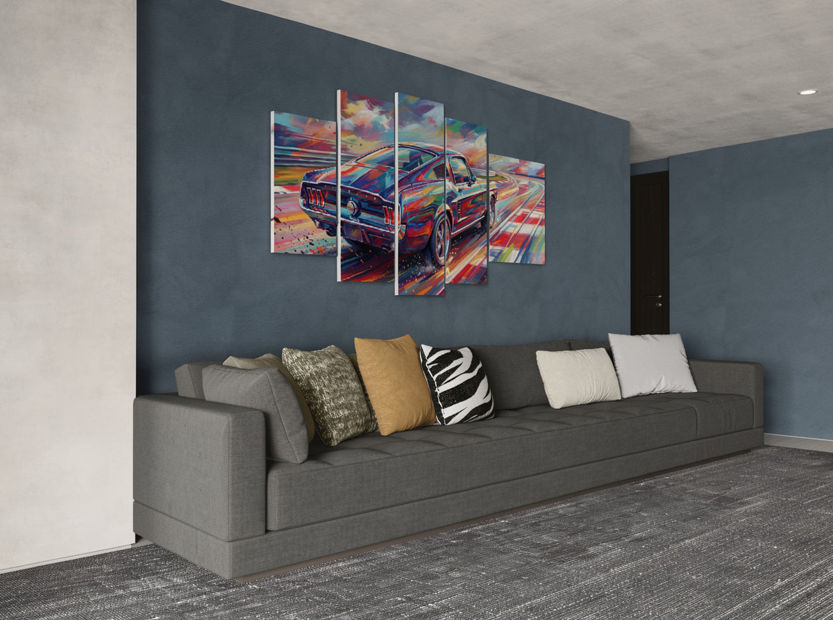 Gray sofa with colorful cushions in a room with a large abstract painting of a 1967 Ford Mustang GT Fastback car on the wall.