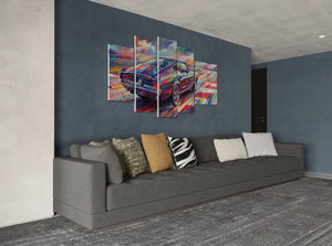 Gray sofa with colorful cushions in a room with a large abstract painting of a 1967 Ford Mustang GT Fastback car on the wall.