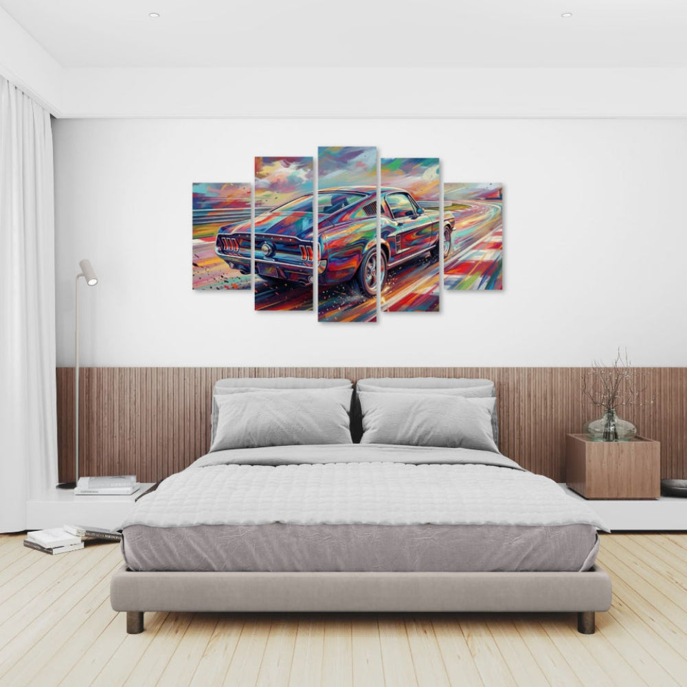 Bedroom with a large abstract painting of a 1967 Ford Mustang GT Fastback car on the wall above a bed.