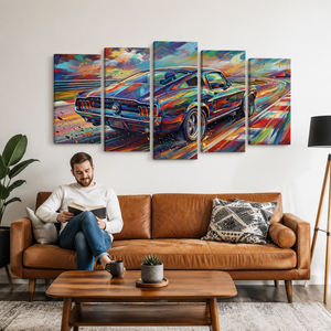 1967 Ford Mustang Abstract Canvas Wall Art | 1, 3 & 5 Panel Staggered Garage Décor Print