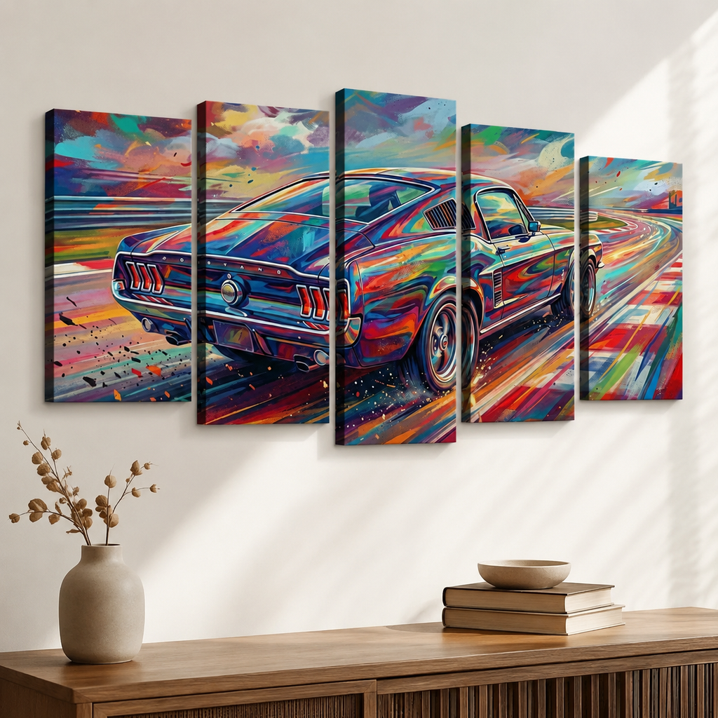 1967 Ford Mustang Abstract Canvas Wall Art | 1, 3 & 5 Panel Staggered Garage Décor Print