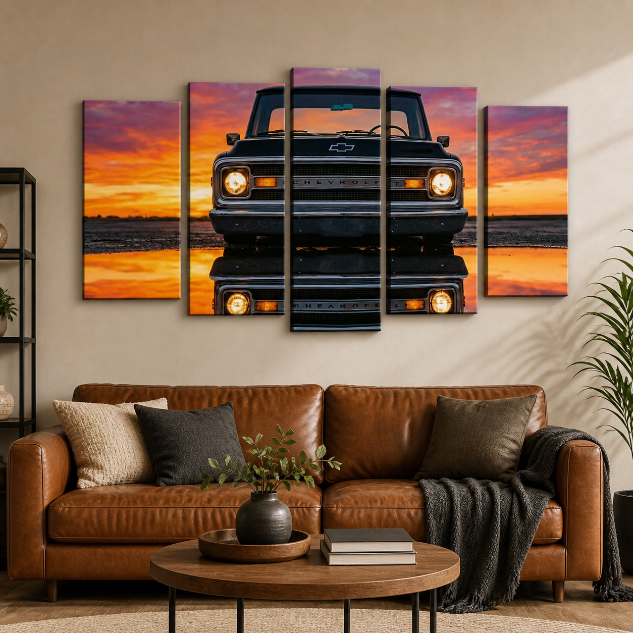A 4-panel canvas wall art set depicting a black 1970 Chevy C10 truck reflected in water at sunset, displayed on a beige wall above a brown leather sofa in a modern living room setting.
