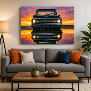 A large rectangular wall art print showing a black 1970 Chevy C10 facing forward with its headlights on, reflected in water at sunset, displayed above a gray sofa in a styled living room.